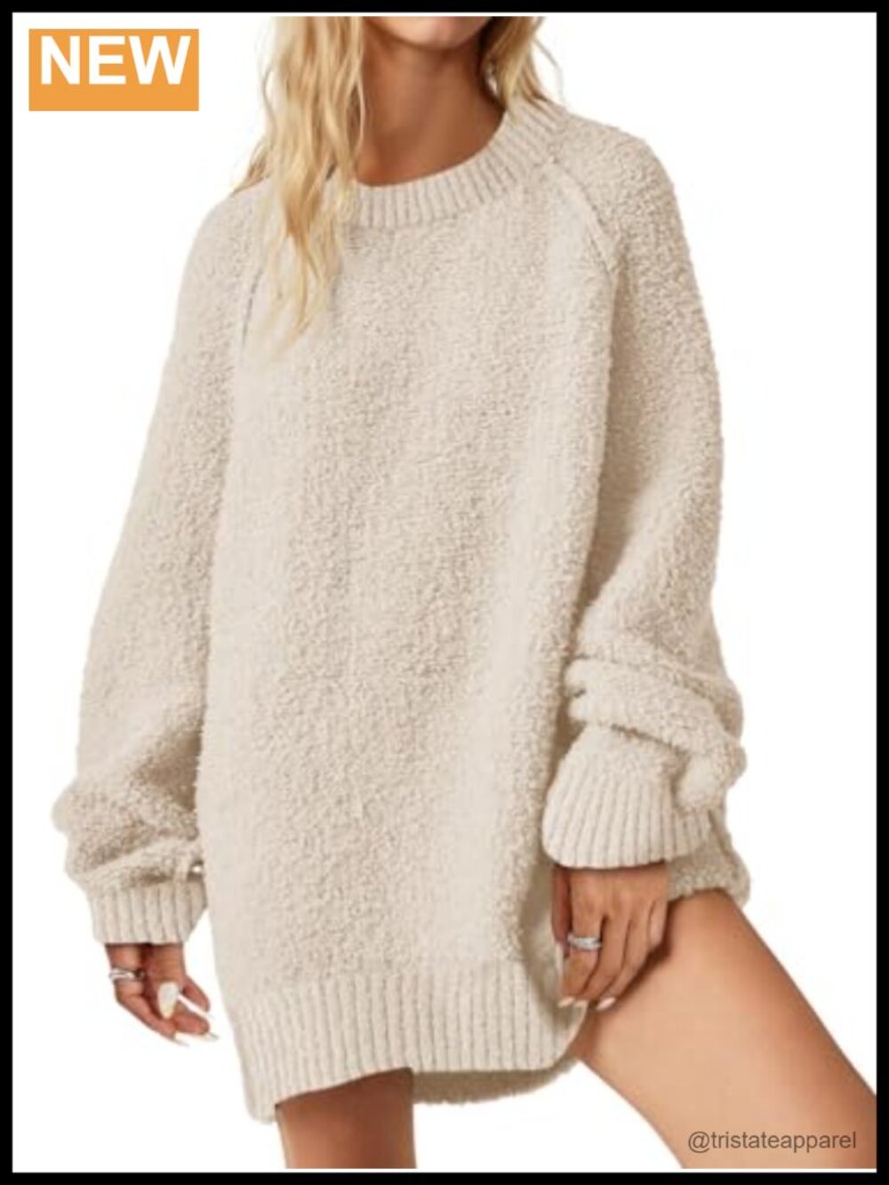 Womens Oversized Fuzzy Sweater Long Sleeve Crew Neck Casual Tunic Pullover